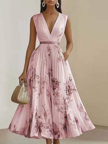 Women V Neck Sleeveless Party Draped Maxi Dresses Vintage  Elegant Office Floral A-line Dress For Women Lady Chic Evening Gown