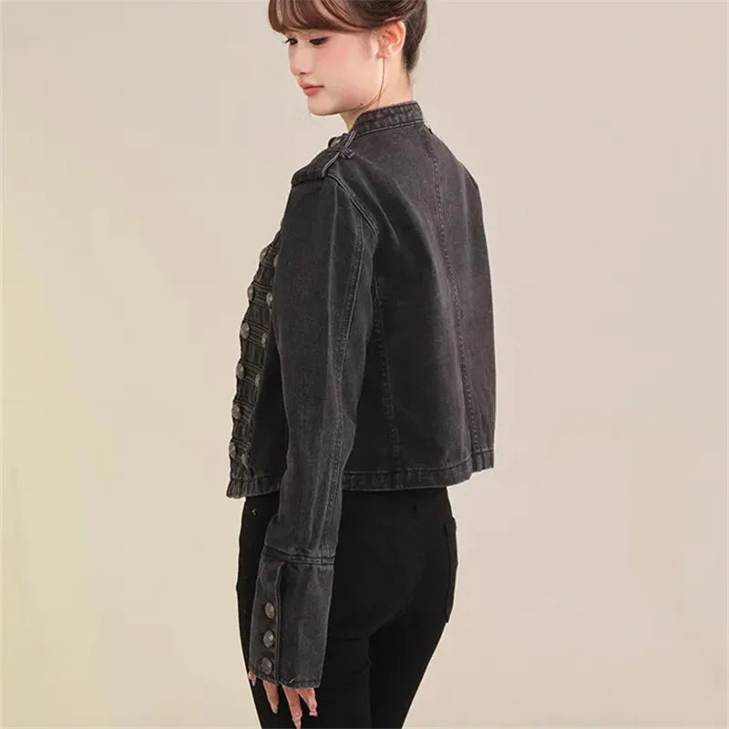 Spring And Autumn Women Vintage Denim Jacket Stand Collar Long Sleeve Casual Motorcycle Jeans Coat Female Loose Outerwear T1662