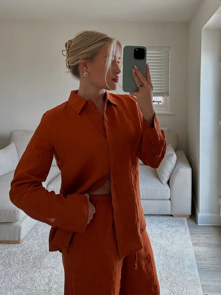 HH Women Casual Pants Suit Turn-down Collar Long Sleeve Single-Breasted Loose Shirt Top+High Waist Draw Rope Pocket Trousers