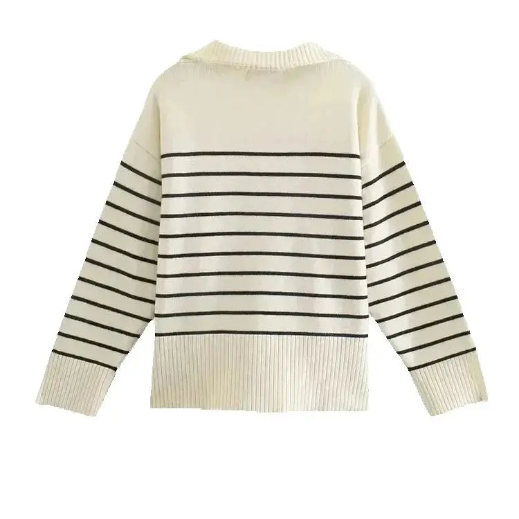 Women Fashion Loose Striped Asymmetry Knitted Sweaters Vintage Long Sleeve Zip-up Female Pullovers Chic Tops