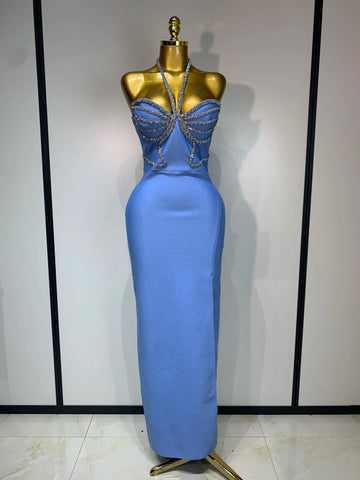 New 2025 Women Sexy Halter Long Bodycon Bandage Dress Shiny Crystal Backless Evening Party Fancy Club Dress Vestido