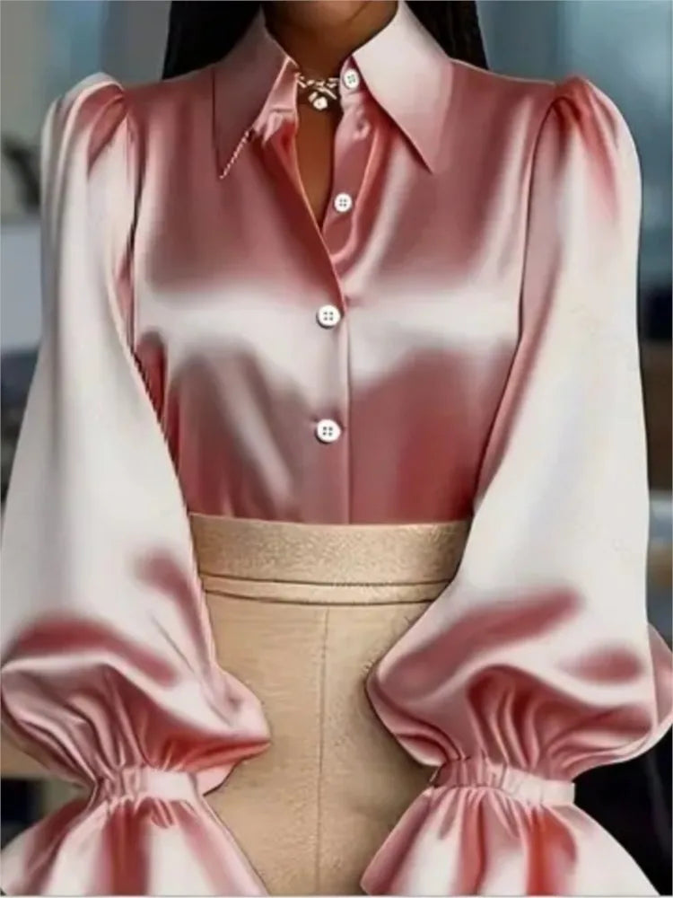 Women New Solid Puff Sleeve Lapel Satin Shirt Tops Women's Spring Autumn Fashion Long Sleeve Buttons Blouses Office Ladies Shirt