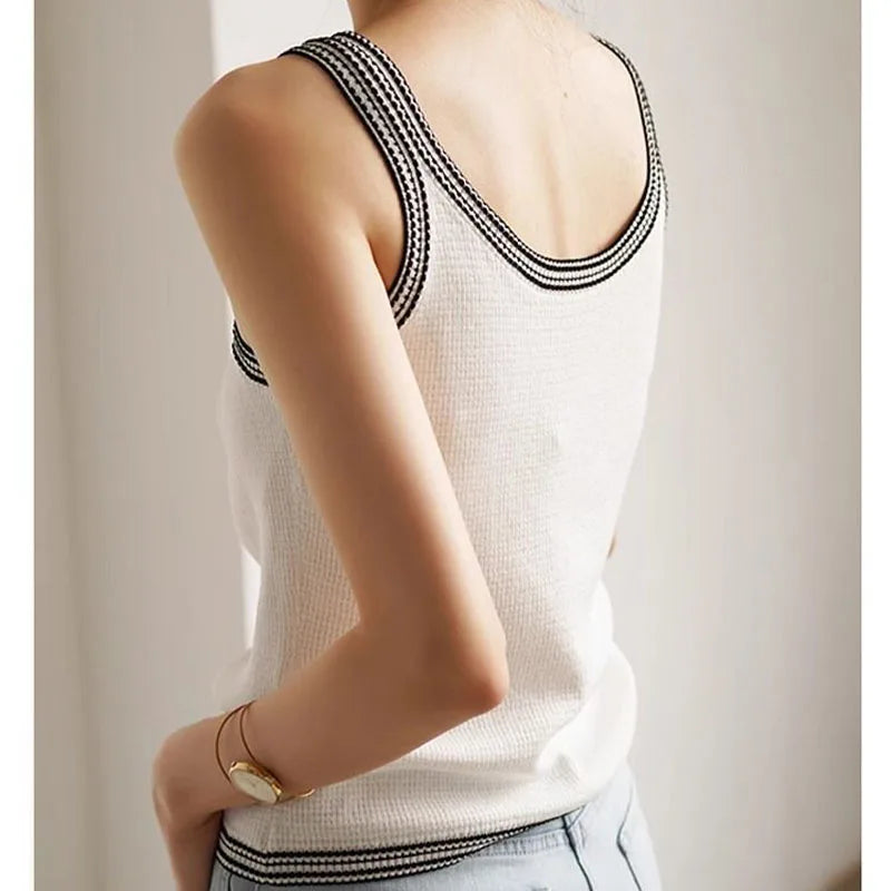 Summer New French Knitted Camisole Vest Women Clothing Fashion Casual Sleeveless Patchwork Tops Lady Elegant Sexy Solid Pullover