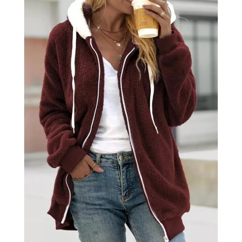 2024 Winter Fashion Women's Coat New Casual Hooded Zipper Ladies Clothes Cashmere Women Fleece Jacket Solid Color Ladies Coats