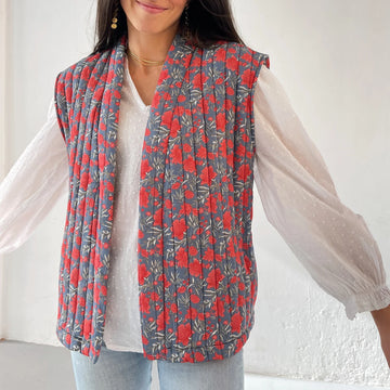 Gaono Women's Cropped Floral Quilted Puffer Vest Padded Sleeveless V Neck Open Front Ditsy Printed Lightweight Gilet Outwear