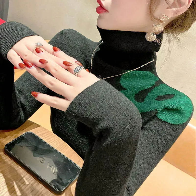 Autumn Winter Elegant Chic All-match Knit Pullovers Women Clothing Casual Turtleneck Long Sleeve Slim Sweaters Office Lady Tops