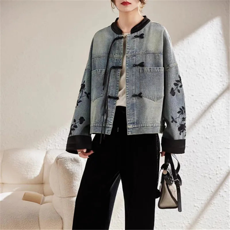 2025 New Vintage print Denim Jacket Women Spring Autumn fashion Long sleeve Jeans Short Coat female Loose Cowboy Outwear T167