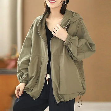 Hooded Loose Trench Coat Women Spring Autumn New Solid Color Long Sleeves Fashion Casual Zipper Short Windbreaker Female T1226