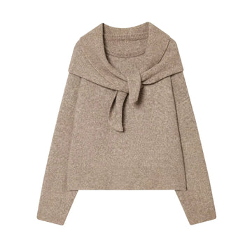 2025 Winter New Women's Clothing Casual Fashion Simple Loose Versatile Solid Color Long Sleeve Scarf Round Neck Knit Top