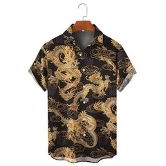 Men's Summer Fashion Dragon Print Short Sleeve Button Down Shirt S-3XL Plus Size Chinese Dragon Style Streetwear Overshirt Tops