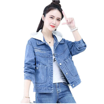 Vintage Denim Jacket Women Spring And Autumn 2025 New Fashion Hooded Splicing Pocket Short Jeans Coat Female Clothes Tide T1206