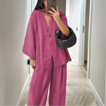 Women'S Classic Solid Wide Leg Pants Suits Summer Fashion V Neck One Button Loose Blouse Sets Casual Female Daily Streetwear2025