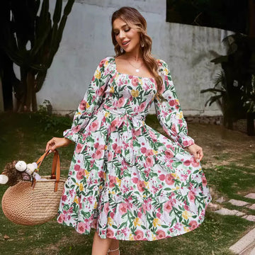 Summer New Women's Square Neck Flare Long Sleeve Loose High Waist Printed Elegant Office Commute Versatile Slimming Maxi Dress