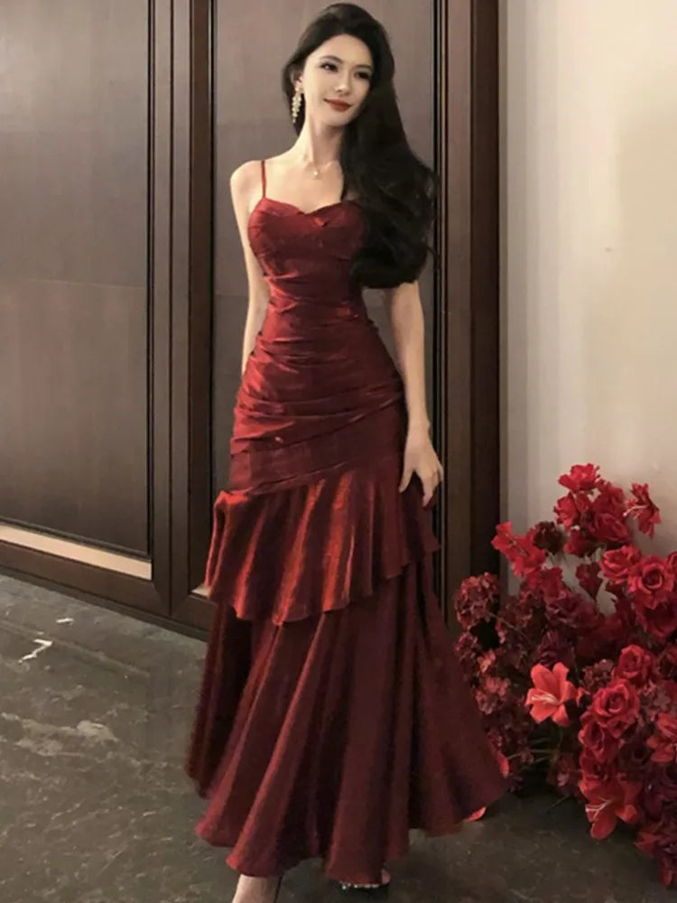Women's Summer Ruffles Birthday Party Dress Sexy Spaghetti Strap Sleeveless Evening Dresses Female Slim Prom Vestidos Long Robe