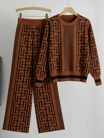 Spring Autumn Casual Round Neck Long Sleeve Pullover and High Waist Wide Leg Pants Vintage Women Knit Printed Two-piece Set
