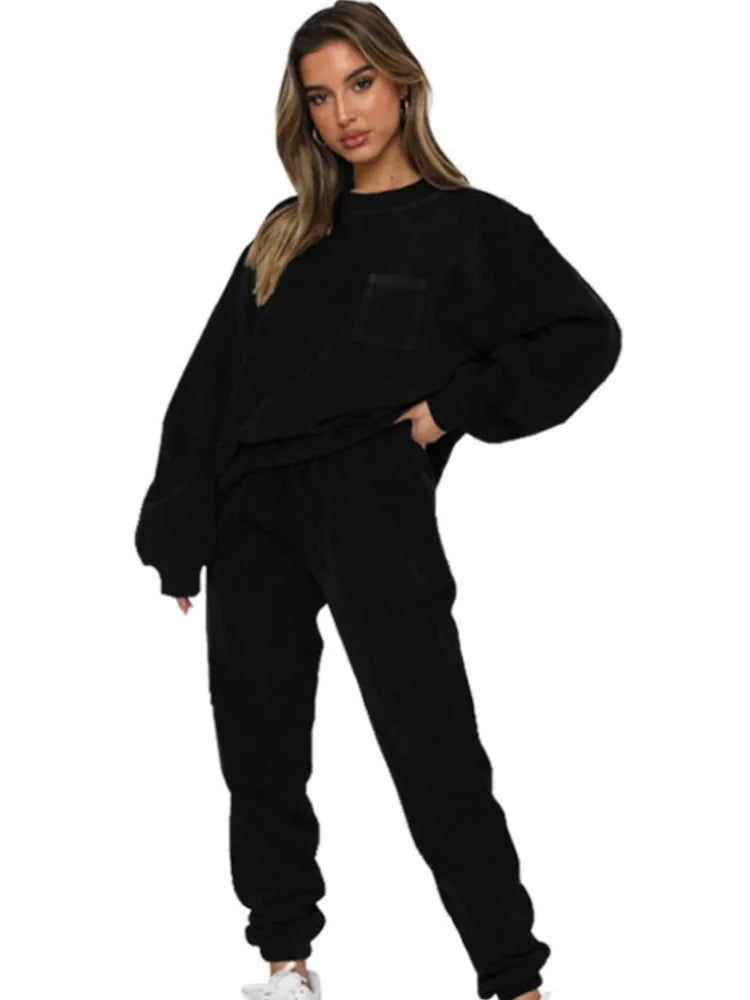 Autumn And Winter New Corduroy Solid Color Pullover Long Sleeve Female Suit Casual Sports Fashion Pants For Women's 2 Piece Set