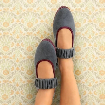 Pleated Elastic Band Velvet Ballet Flats Shoes Women Spring Autumn Gray Hand Stitch Mary Janes Casual Streetwear Slip-on Loafers