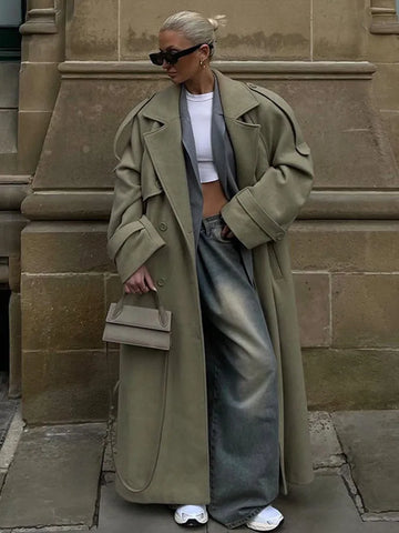 Vintage Double Breasted Lapel Women Long Coat Elegant Full Sleeve Loose Female Jacket With Belt Autumn Casual Ladies Streetwear