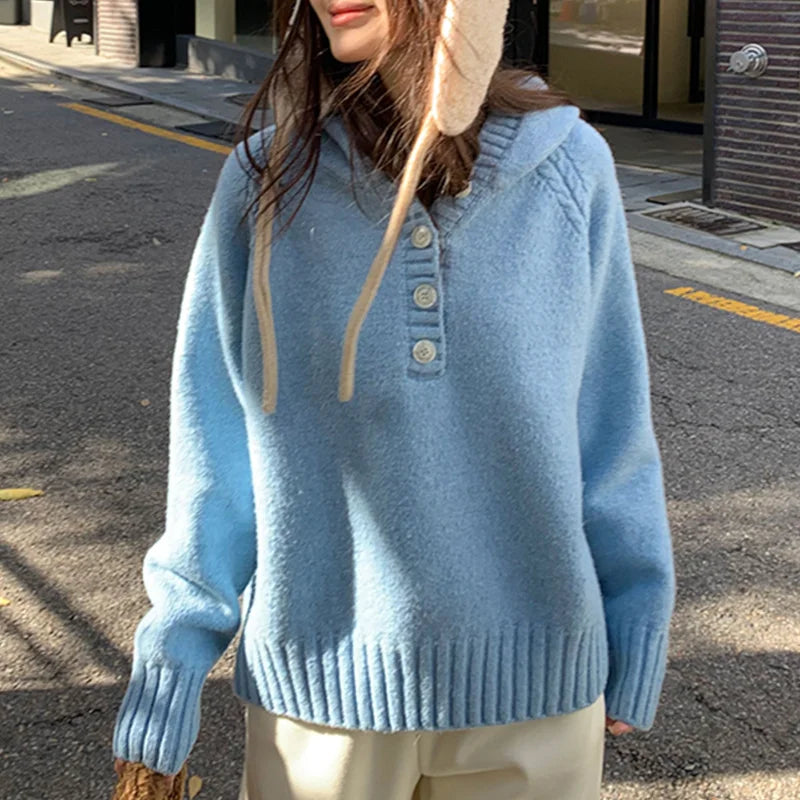 Women Lazy Style Loose Knit Pullover Hooded Sweater Autumn Winter New Style Base Layer Hoodie Casual Minimalist Versatile Top