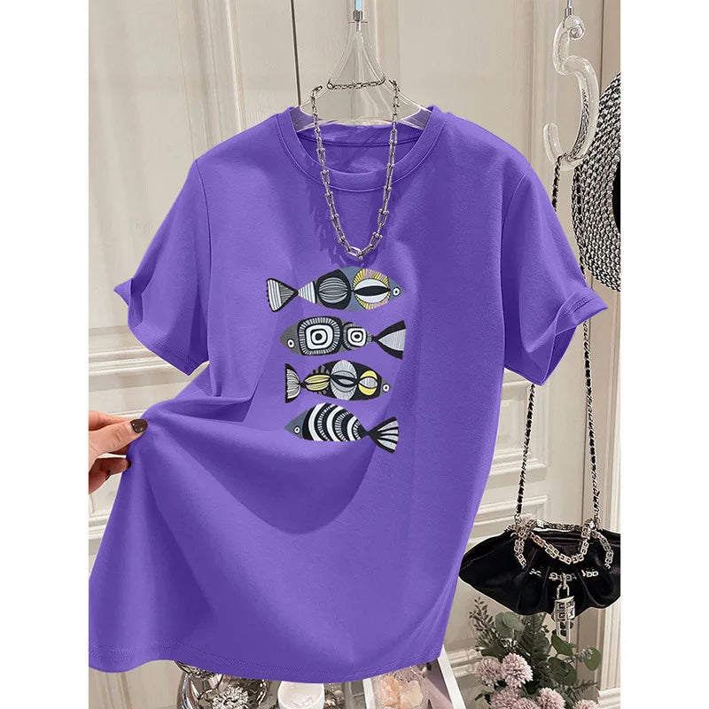 Women Clothing Fashion Cartoon Animal Print T-shirt Summer Casual Loose O-neck Short Sleeve Tees All-match Pure Cotton Basic Top