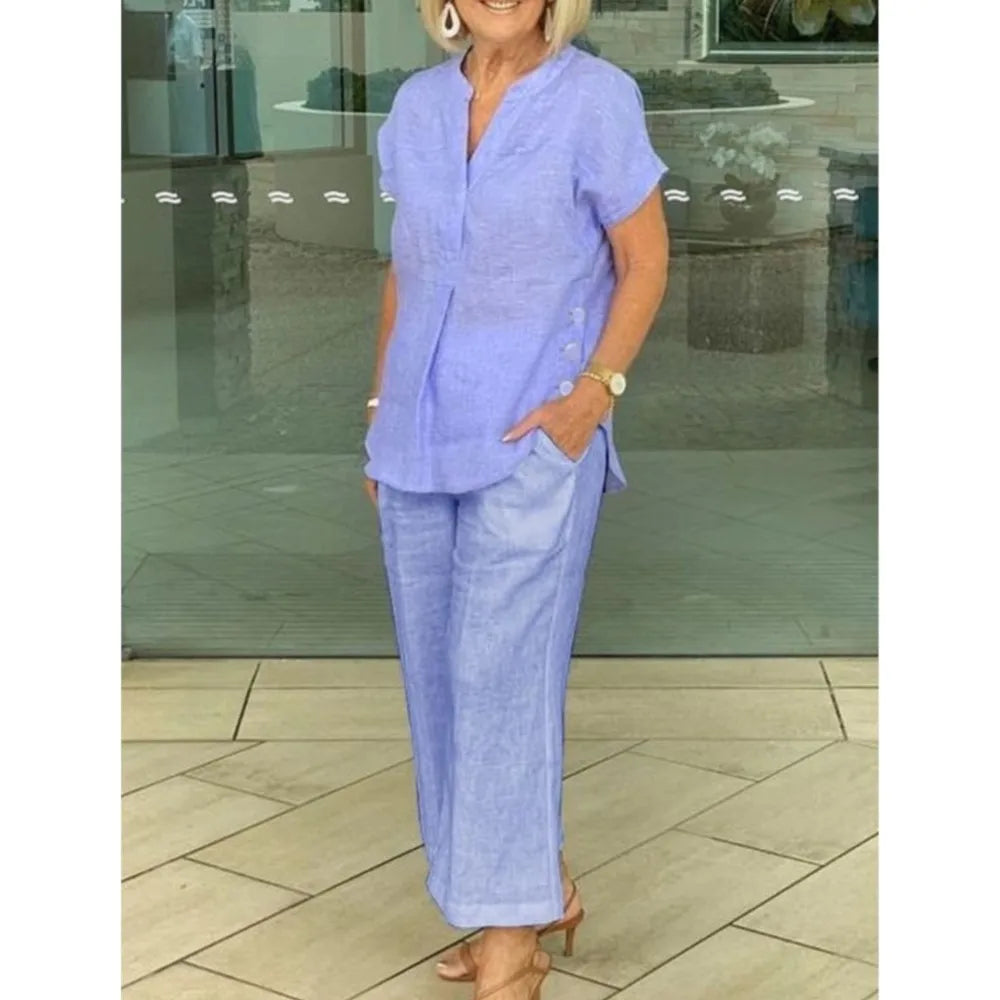 Fashion Cotton Linen Short Sleeved Women Shirt Pants Suit Spring Summer New Simple Casual Pocket Pants Female Office 2 Piece Set