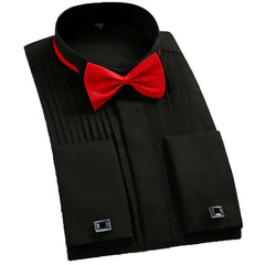 Classic Winged Collar Dress Shirt Men's Wingtip Tuxedo Formal Shirts with Red Black Bow Tie Party Dinner Wedding Bridegroom Tops