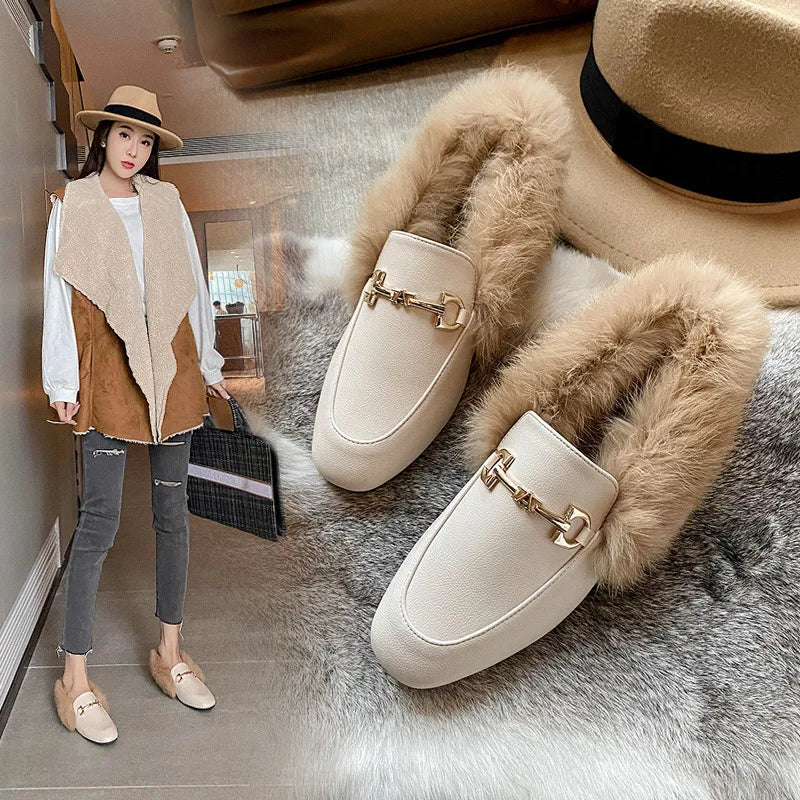 Retro Loafers Fashion Women's Shoes Autumn and Winter Women Velvet Warm Flat-bottomed Rabbit Fur Leather Shoes leather shoes