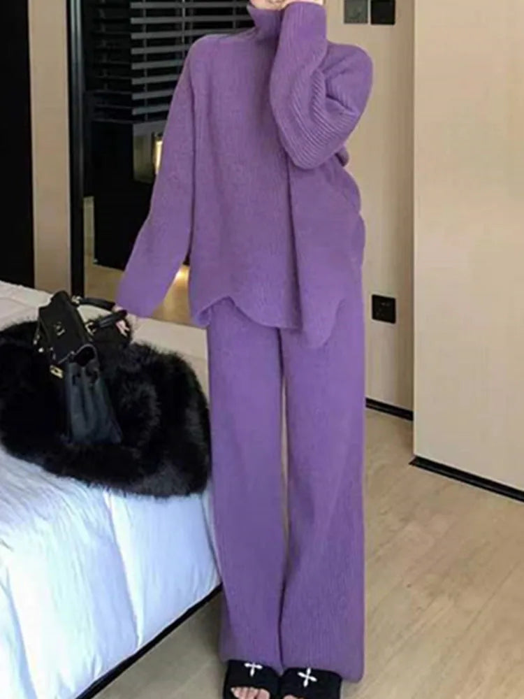Baggy Fashion Stand Collar Knitted Two Piece Set Women's Casual Korean Conjuntos Straight Wide Leg Knitwear Pants Ensembles