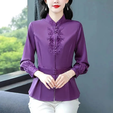 Embroidery Silk Shirt Women 2025 Spring Summer New Fashion Stand-Up Collar Blouse Mom Jacket Ladies Waist Outerwear Tops T1290