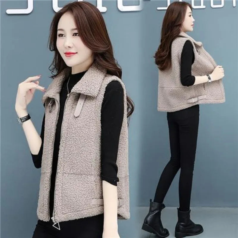 Solid Color Zipper Cardigan Sleeveless Versatile Vest Jacket Western Style Autumn and Winter Top