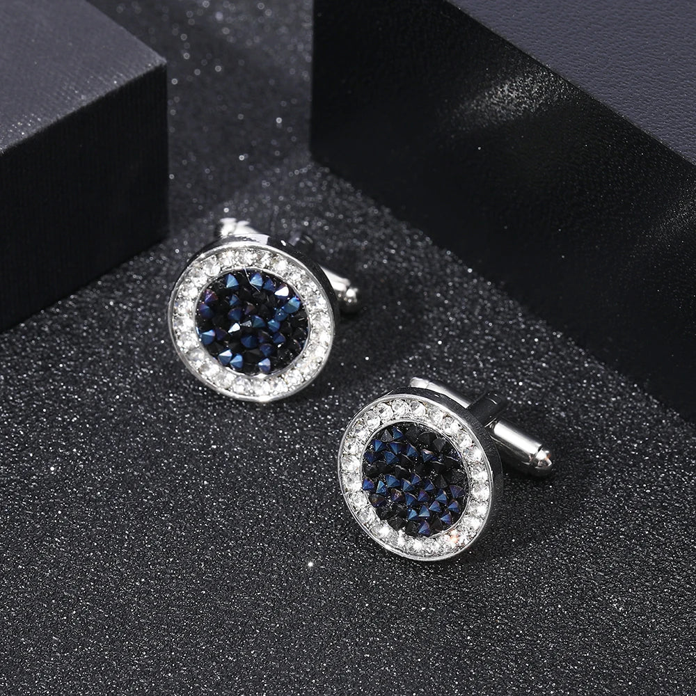 2 Pcs /Set New High-end Fashion Mens Shirts Crystal Cufflinks Luxury Design Silvery Round Blue Rhinestone Cuff Links