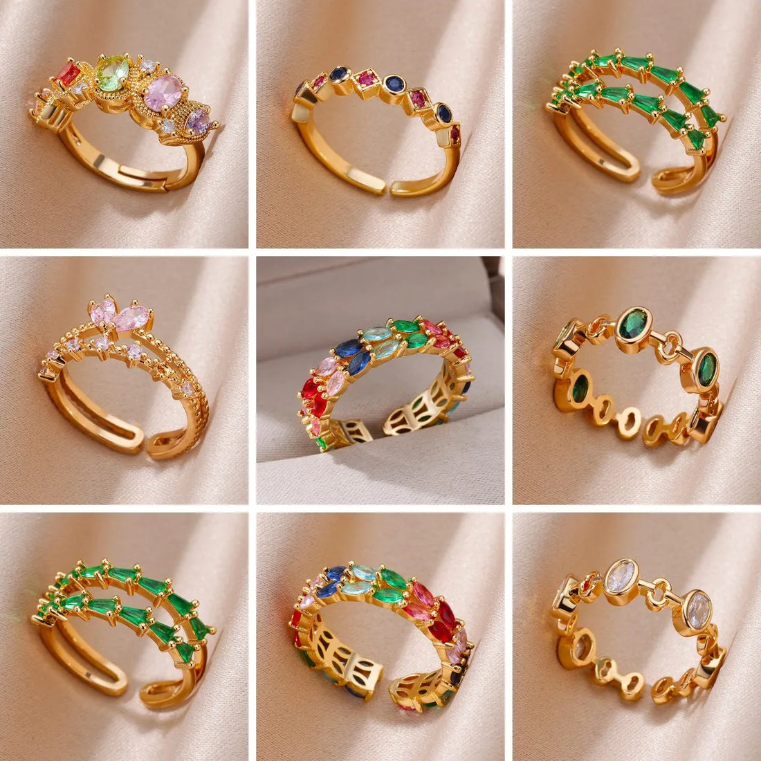 Irregular Hollow Opening Rings For Women Stainless Steel Gold Color Geometric Colorful Shiny Zircon Crystal Ring Fashion Jewelry