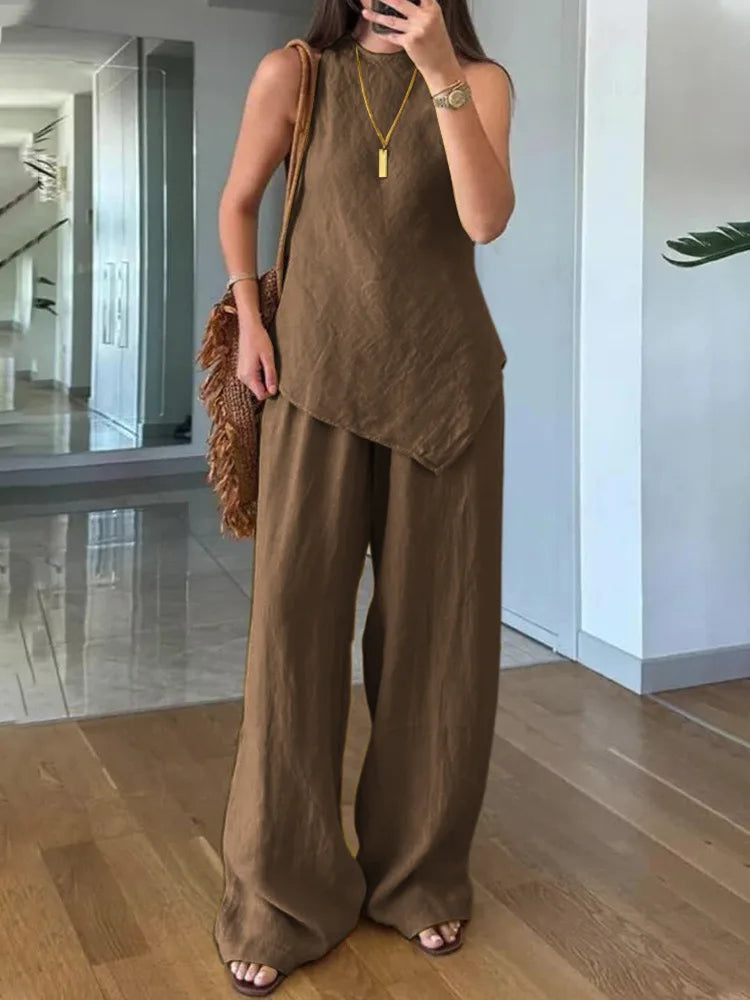 Casual Cotton Linen 2 Piece Set Fashion Commuting Sleeveless O-neck Asymmetric Pullover Top Elastic Waist Trousers Set For Women