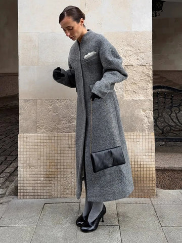 Chic Grey Long Woolen Overcoat Women Casual Single Breasted Wide-shoulder Back Slit Loose Jacket 2026 Commuting Office Wear New