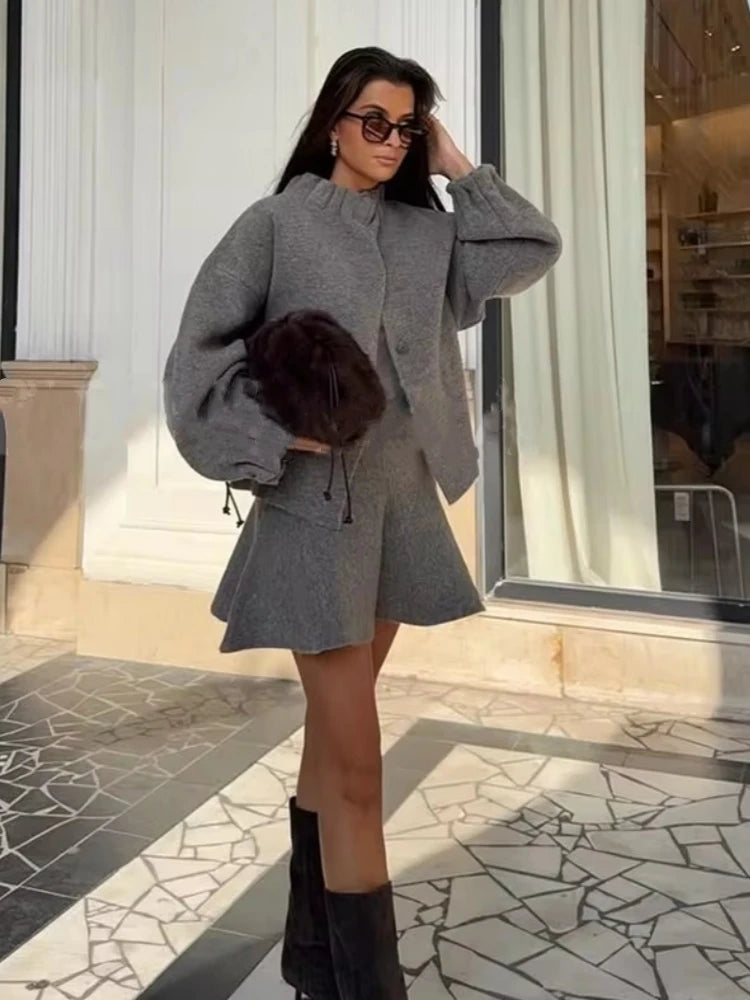 Ladies Elegant Knit Gray Dress Suits Fashion Button Loose Cardigans+Ruffles Mini Skirts Sets 2025 Winter Women 2 Piece Sets