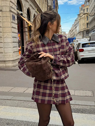 HH Trendy Woman's Pocket Decoration Zipper Long Sleeves Lapel Plaid Bomber Jacket+Wide Fold Mini Culottes Spring 2 Piece Set