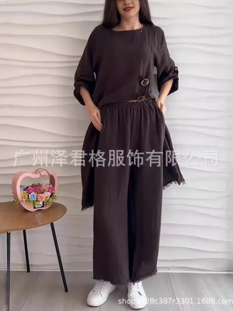 Women's Two Piece Set Solid Color Buttons Irregular Slit Long T Shirt Tops Loose Wide Leg Trousers 2 Piece Sets Casual Lady Suit