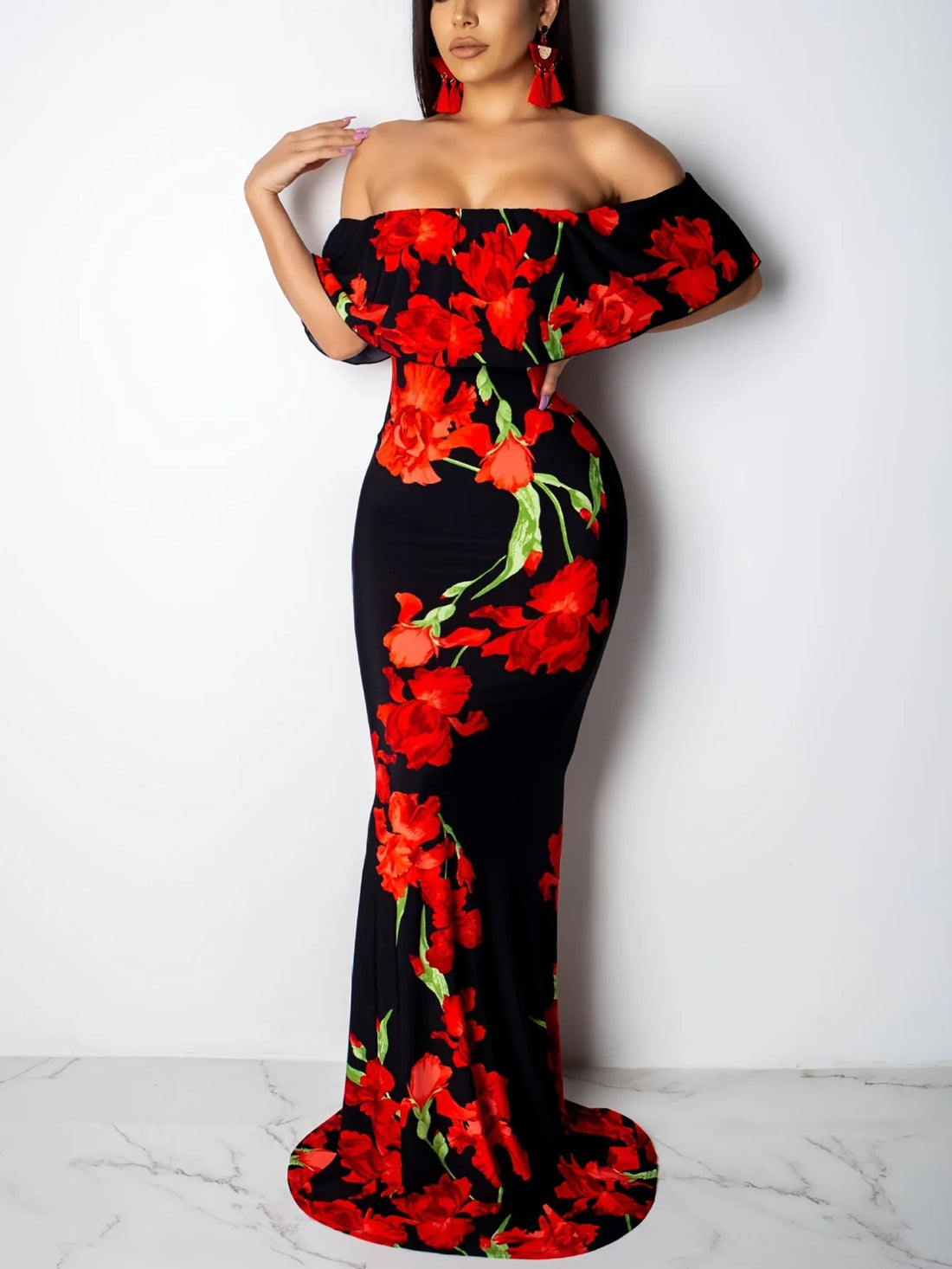 Women Rose Sunflower Floral Print Strapless Sexy Bodycon Slash Neck Off Shoulder Short Sleeve Polyester Floor Length Maxi Dress