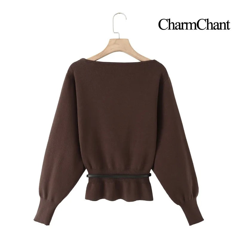 CharmChant Belted Waist Boat Neck Knit Sweater for Women Spring Autumn 2026 Cozy Knitwear Jumper Puff Sleeves Pullovers Woman