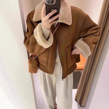Women's Autumn Winter Thickened Loose Fit Lamb Fur Jacket Cotton Upper Body Integrated Hair And Leather Short Coat Warm
