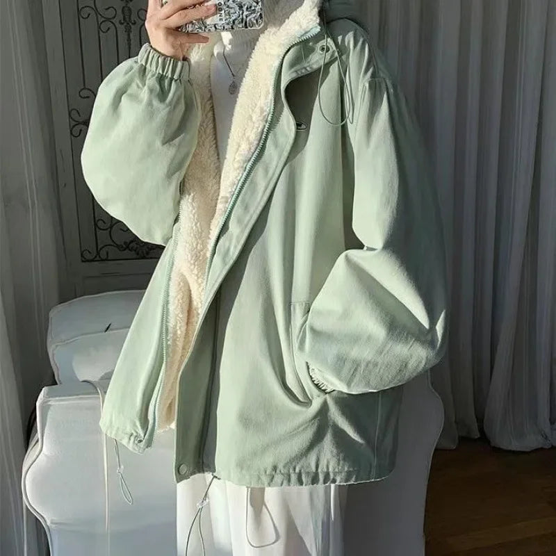 Lamb Fur Jacket Women's Thickened Fleece Lined Loose Style Korean Fashion Autumn Winter New Arrival Student Japanese Style Coat
