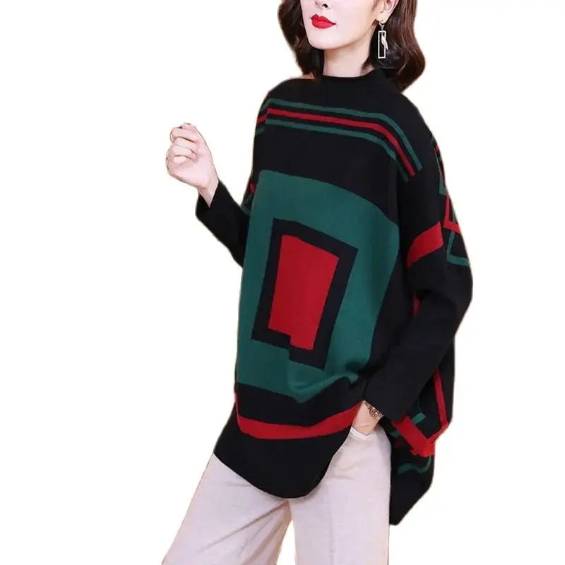 Half Turtleneck Knitted Wool Sweater Women's Pullover Autumn And Winter New Temperament Fashion Loose Sweater Jacquar Pullover