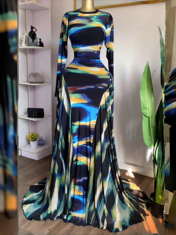 GLCMYAYA Women Tie Dye Long Sleeve A-line Big Swing Floor Length Dress 2026 Birthday Vacation Trendy Street Maxi Dresses Vestido