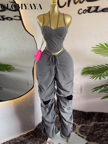 GLCMYAYA Street Fashion Women's Set Strap Tunic Crop Tops and Stacked Ruched Pants 2025 Holiday Vacation Two 2 Piece Set Outfits