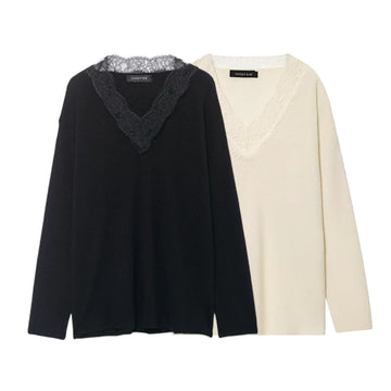 Autumn Winter Chic Knitted Pullover Women Elegant Lace Splicing V neck Sweater Casual Long Sleeve Female Elegant Knitwear Top
