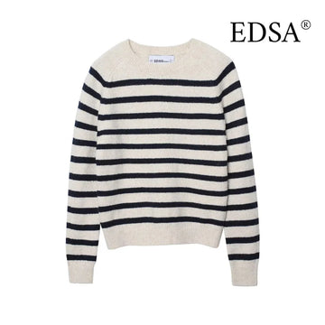 EDSA Women Striped Knitted Sweater Round Neck Long Sleeves Pullovers Spring Autumn Casual Female Tops