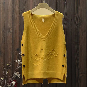 Fashion V-Neck Button High Low Vest Sweater Women Clothing Autumn Knitted Pullover Sleeveless Jacket Loose Waistcoat Tops T1234