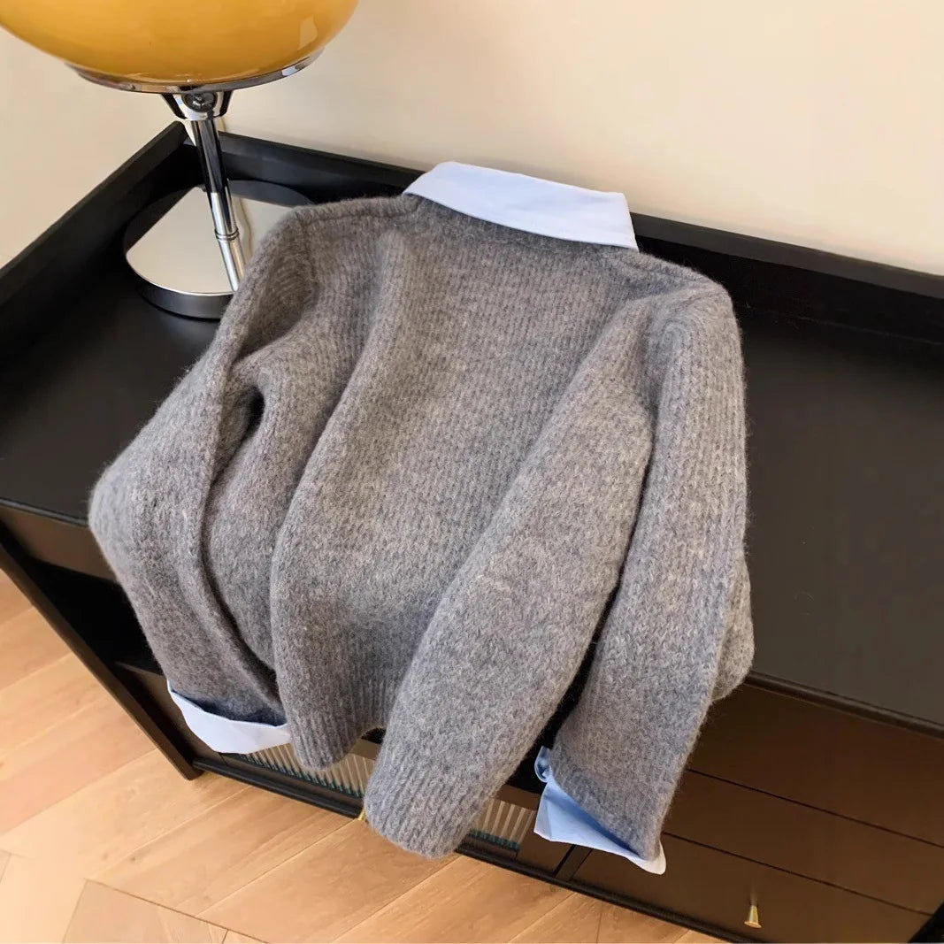 Fake Two Shirts Collar Sweater Women's Autumn Outfit New Lazy Linterior Contrasting Color Gray Knit Sweater Top With Flip Collar