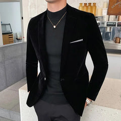 2024 Autumn Men Slim Blazer Formal Wear Dress Burgundy Velvet Blazers Male Fashion Casual Suits Jackets