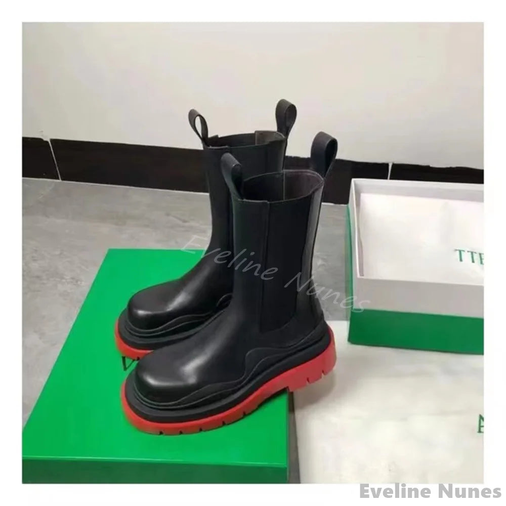 Couples Leather Mid Calf Boots Round Toe Thick-soled Slip On Mixed Colors Elastic Boots 2025 Spring New Fashion Ankle Boots